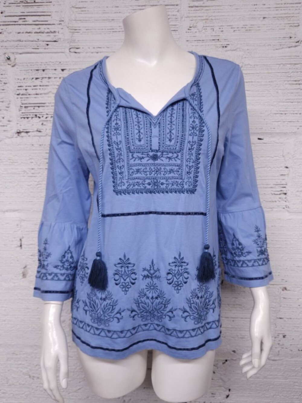 Chico's Size 0/S Bell Sleeves With Velvet & Beaded Tassel Embroidered Blue Top